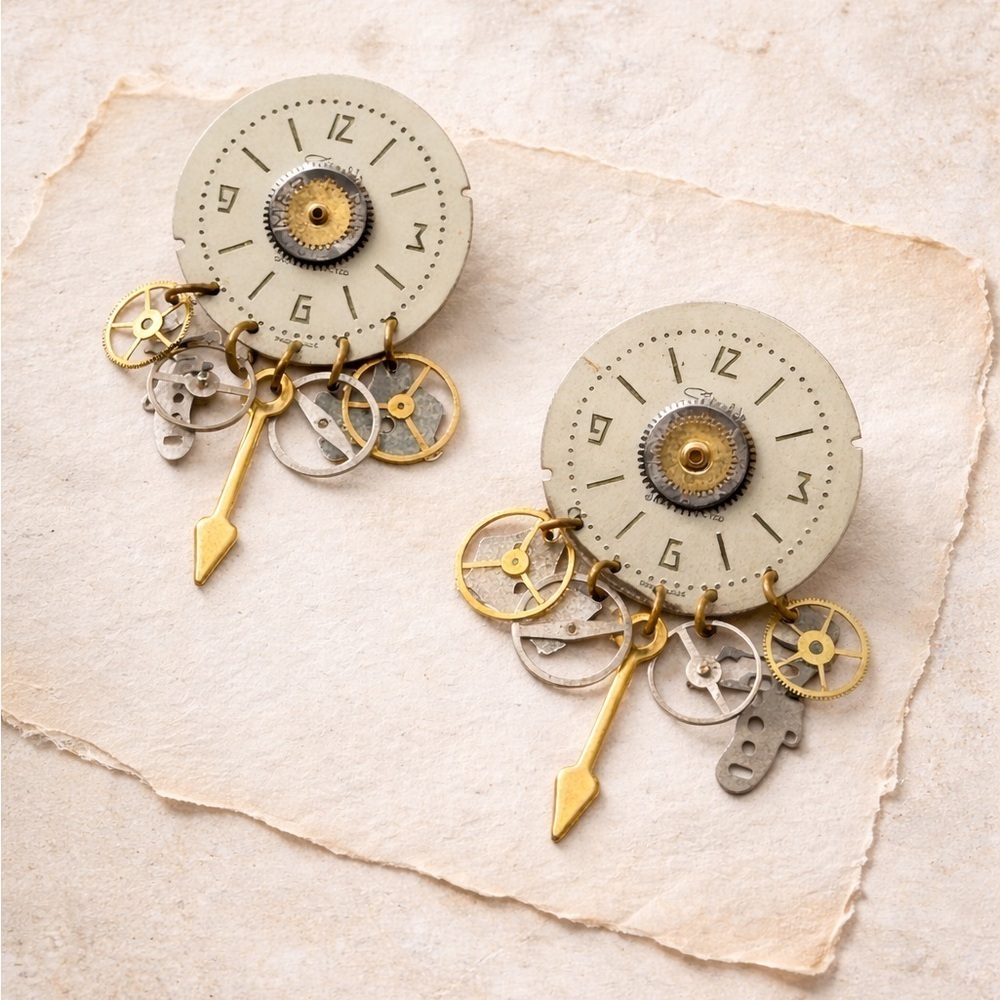 Steampunk Watch Gear Earrings Vtg. Clock Dial Industrial Jewelry One of a Kind